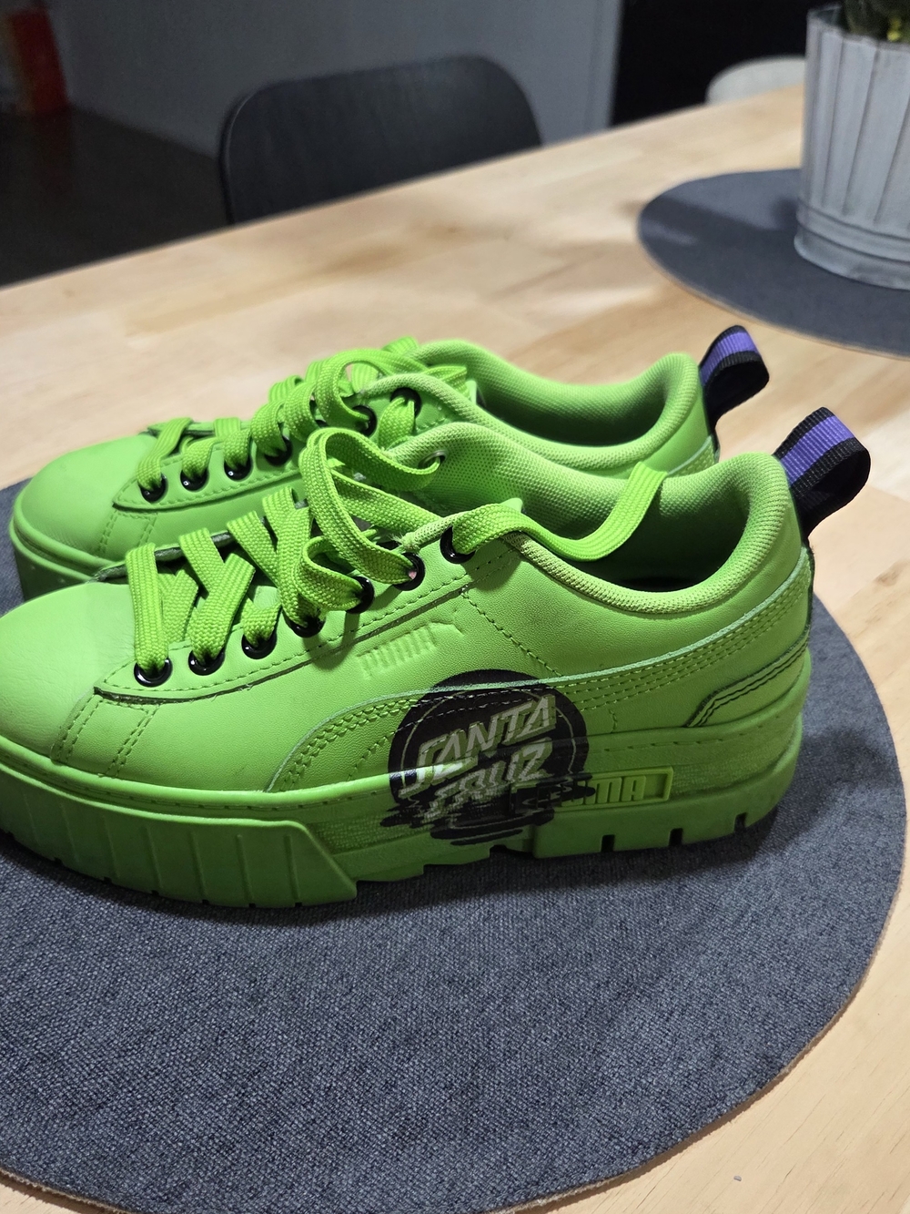 Puma Neon Green Platform Sneakers with Purple Heel Tab